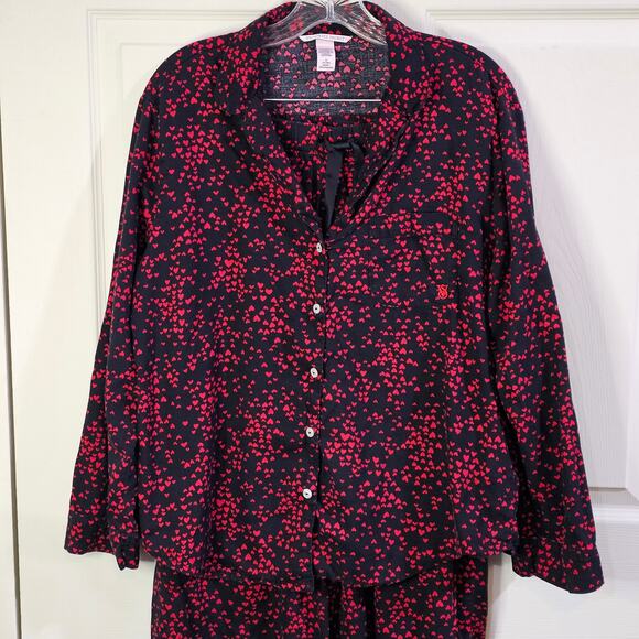 Victorias Secret PJs Sz M Coquette Romantic Indie Sleaze Black Red Heart Flannel - Picture 2 of 10